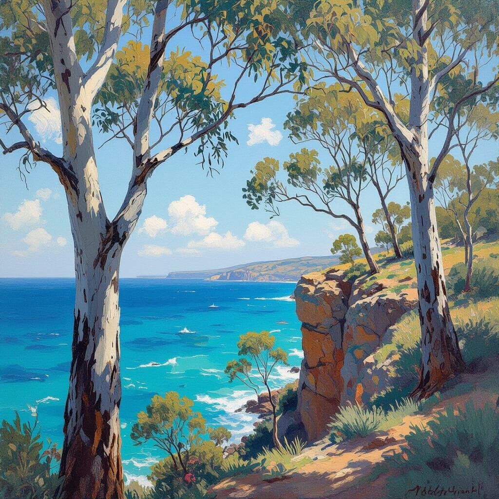 Eucalyptus Trees Over Turquoise Ocean, Impressionist Style