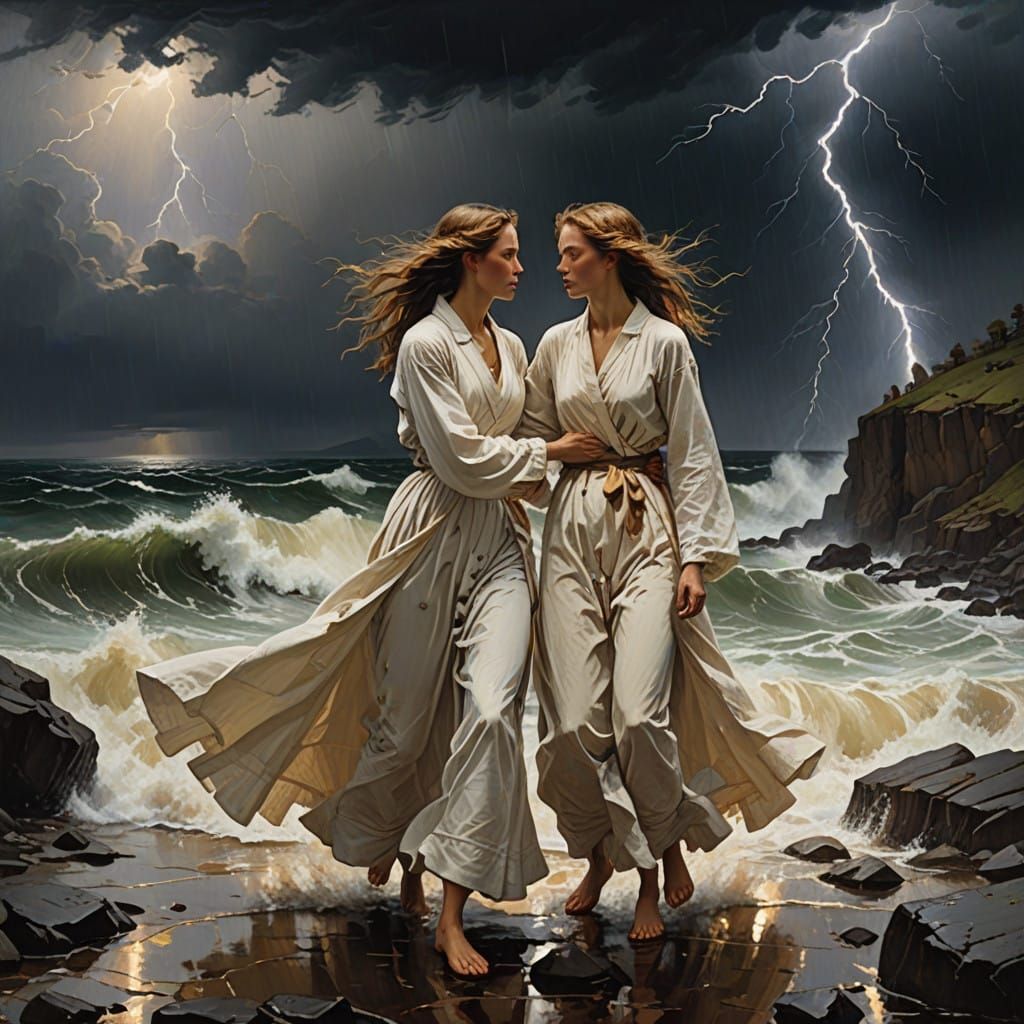 Hopeful Women Brave the Stormy Seascape