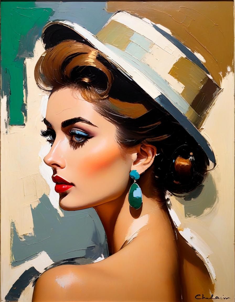 Glamorous Italian Model in Kitsch Style Oil Painting