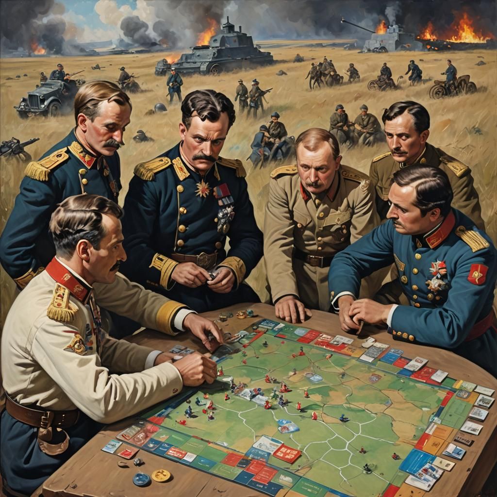 Historical Figures Play Risk on Battlefield, Oil Painting