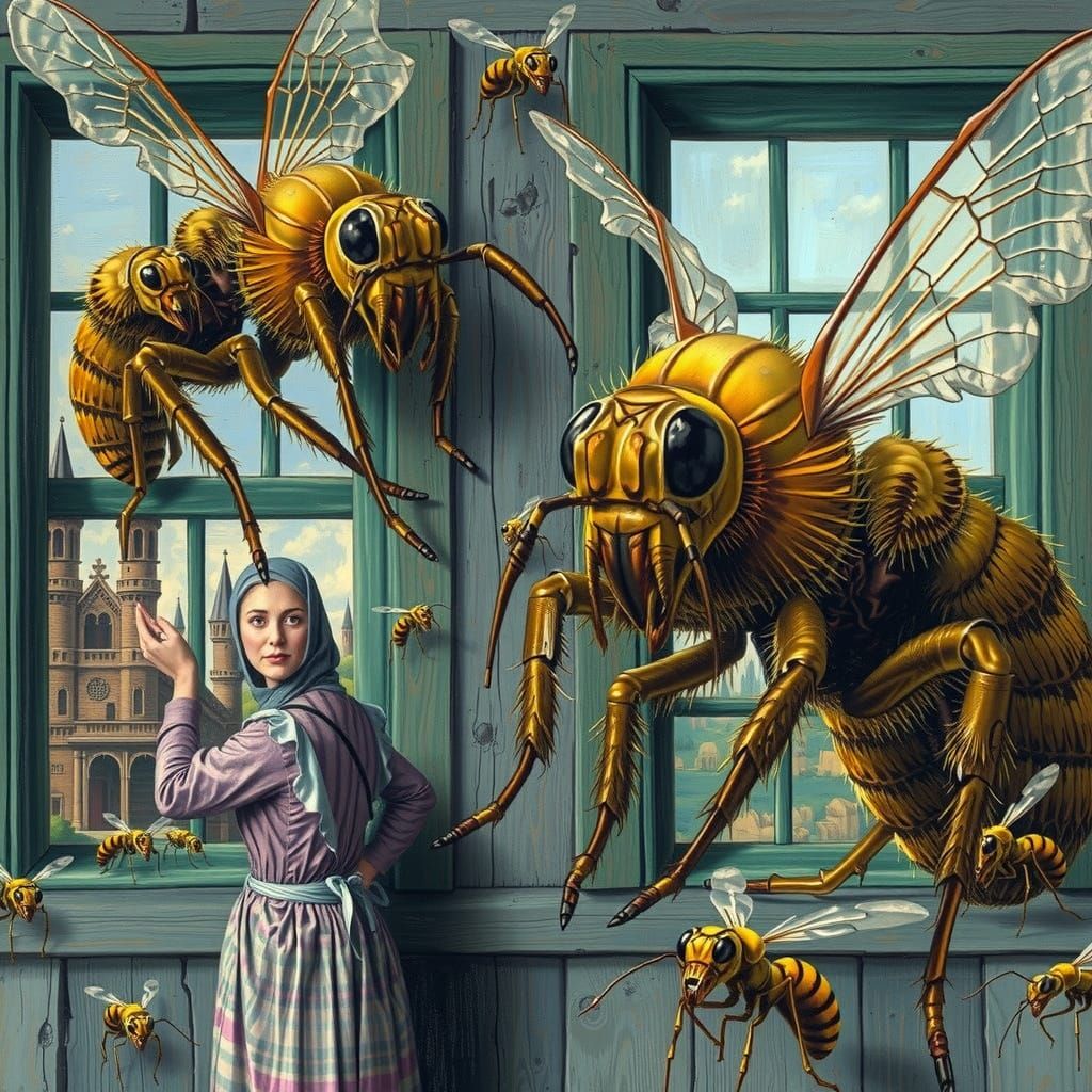 Renaissance Woman Watching Giant Ants, Dürer Style