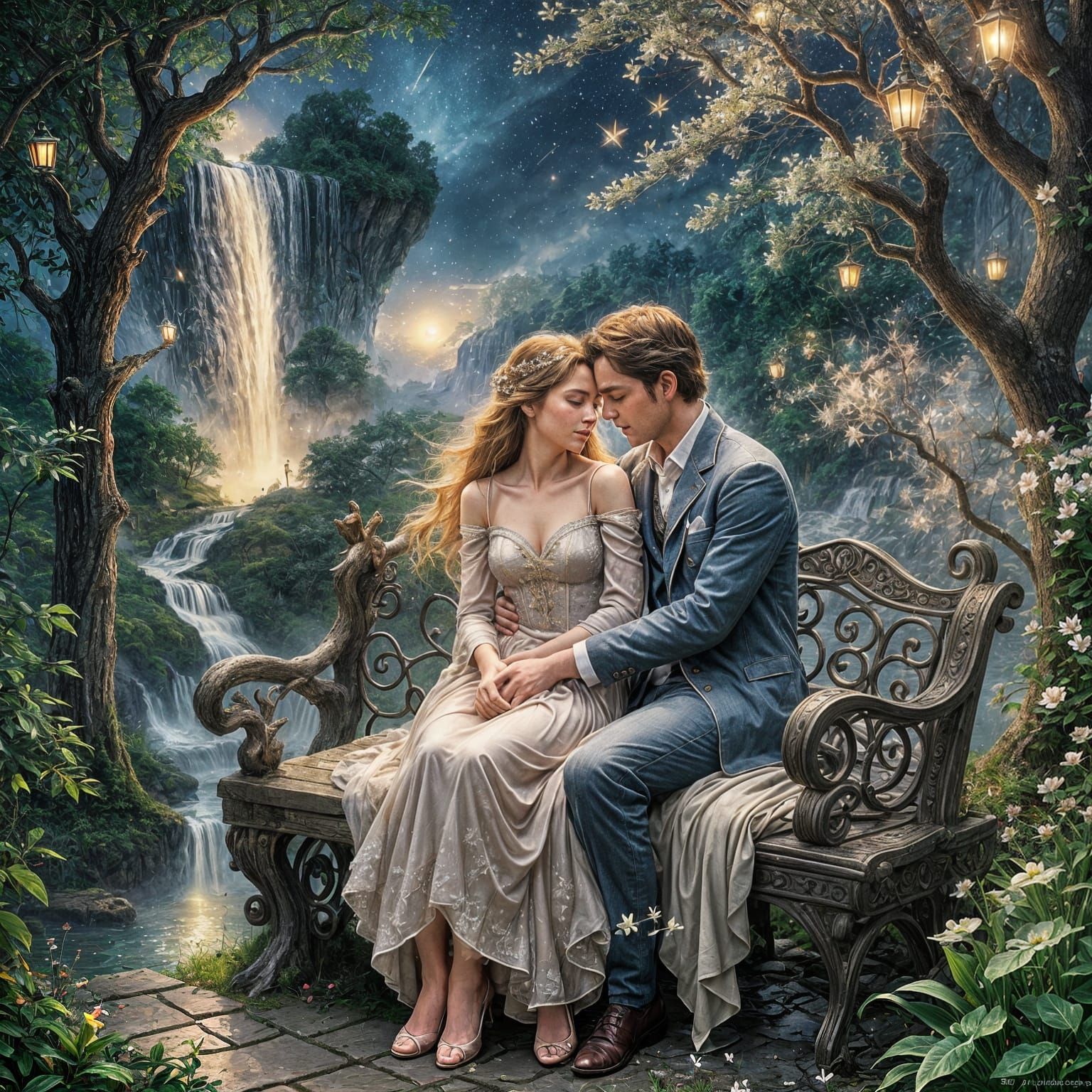 Lovers Embrace in Magical Kingdom: Ethereal Fantasy Art