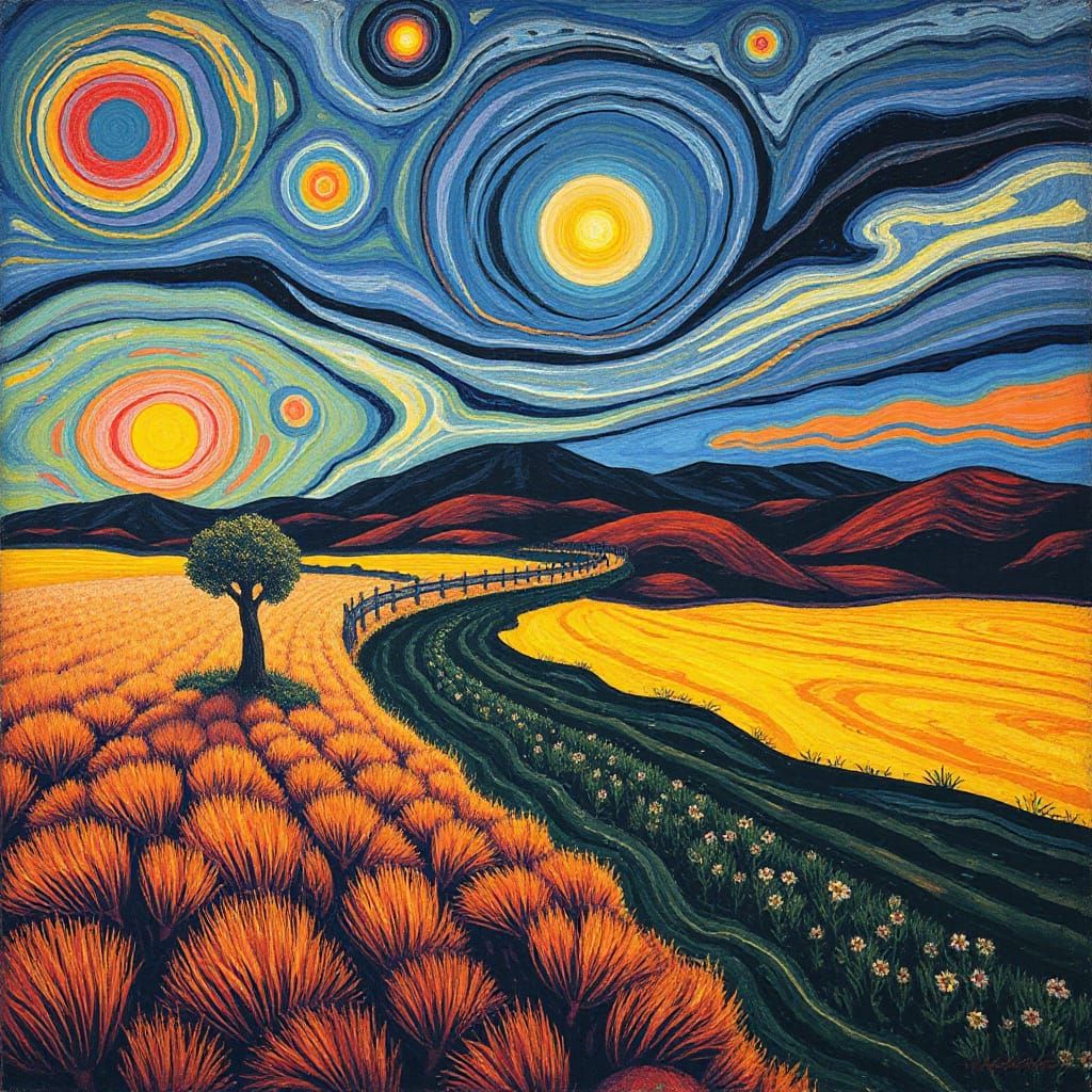 Vibrant Expressionist Scene in a Fantastical Realm