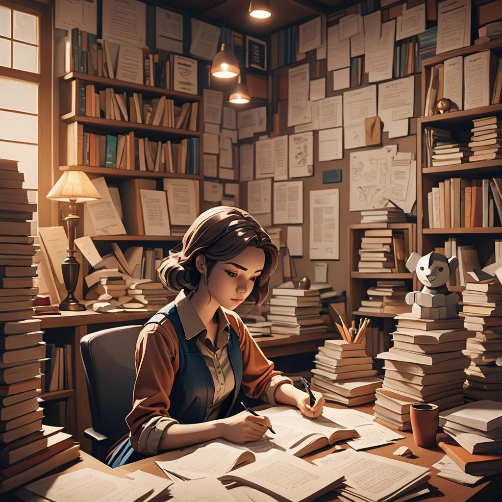 Anime Woman Writing Poem in Cubist 3D Artwork