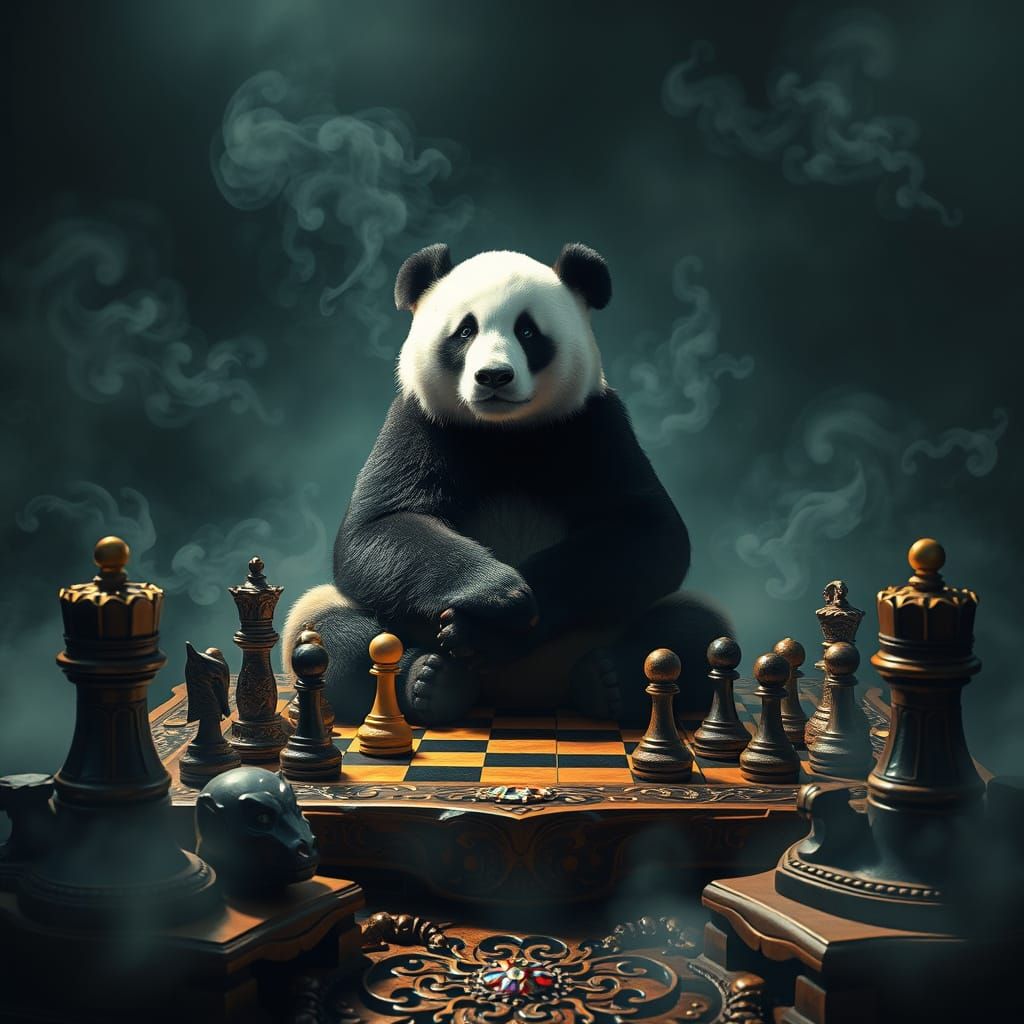 Majestic Panda in High-Fantasy Chess Scene
