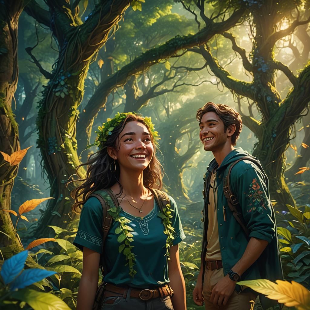 Smiling College Friend in Lush Fantasy Forest