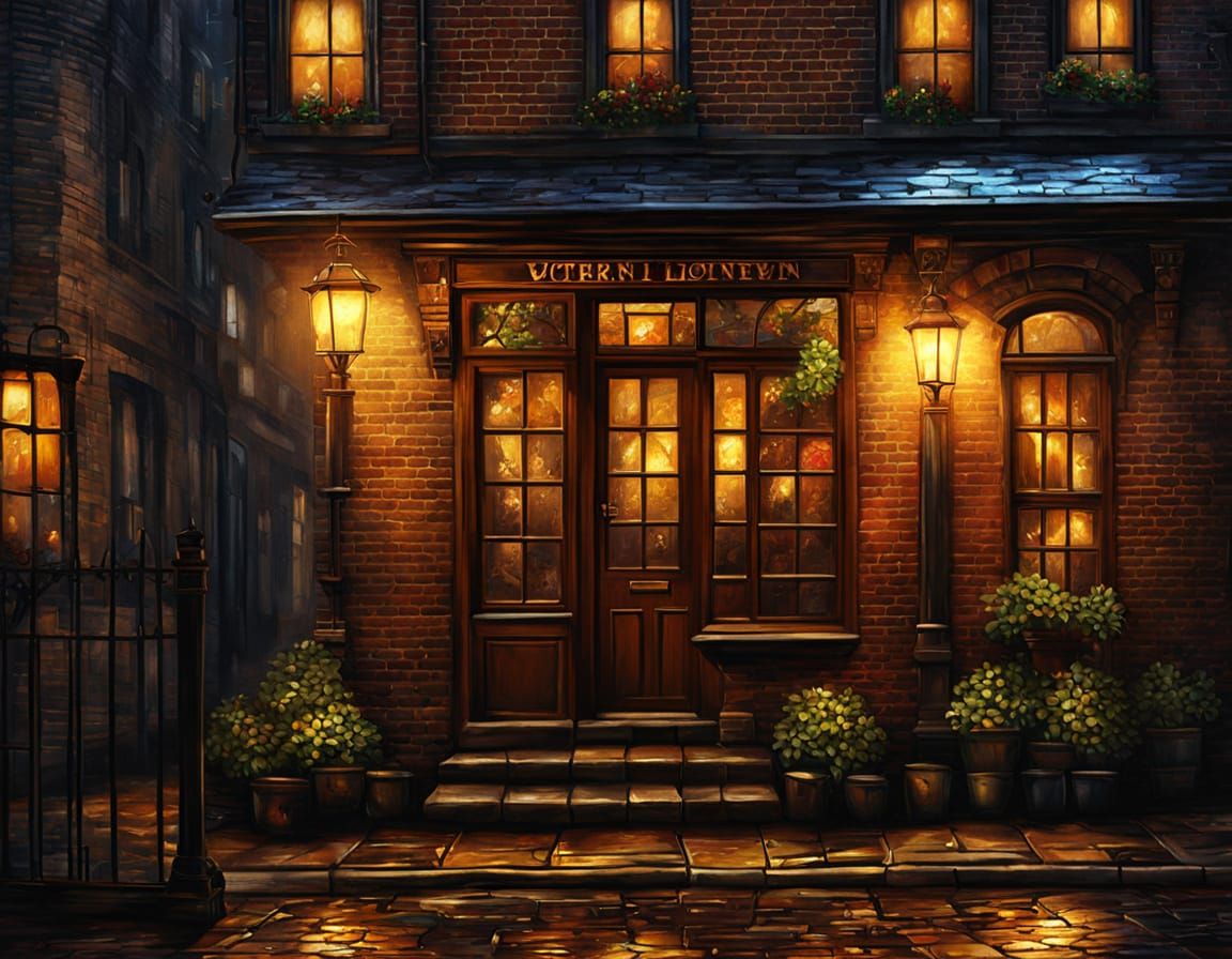 Victorian Tavern Window on Rainy Night