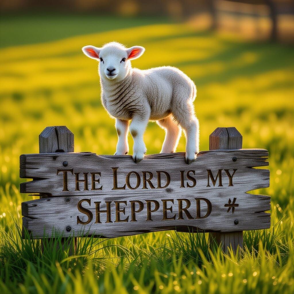 Fluffy Lamb on Rustic Sign at Golden Hour