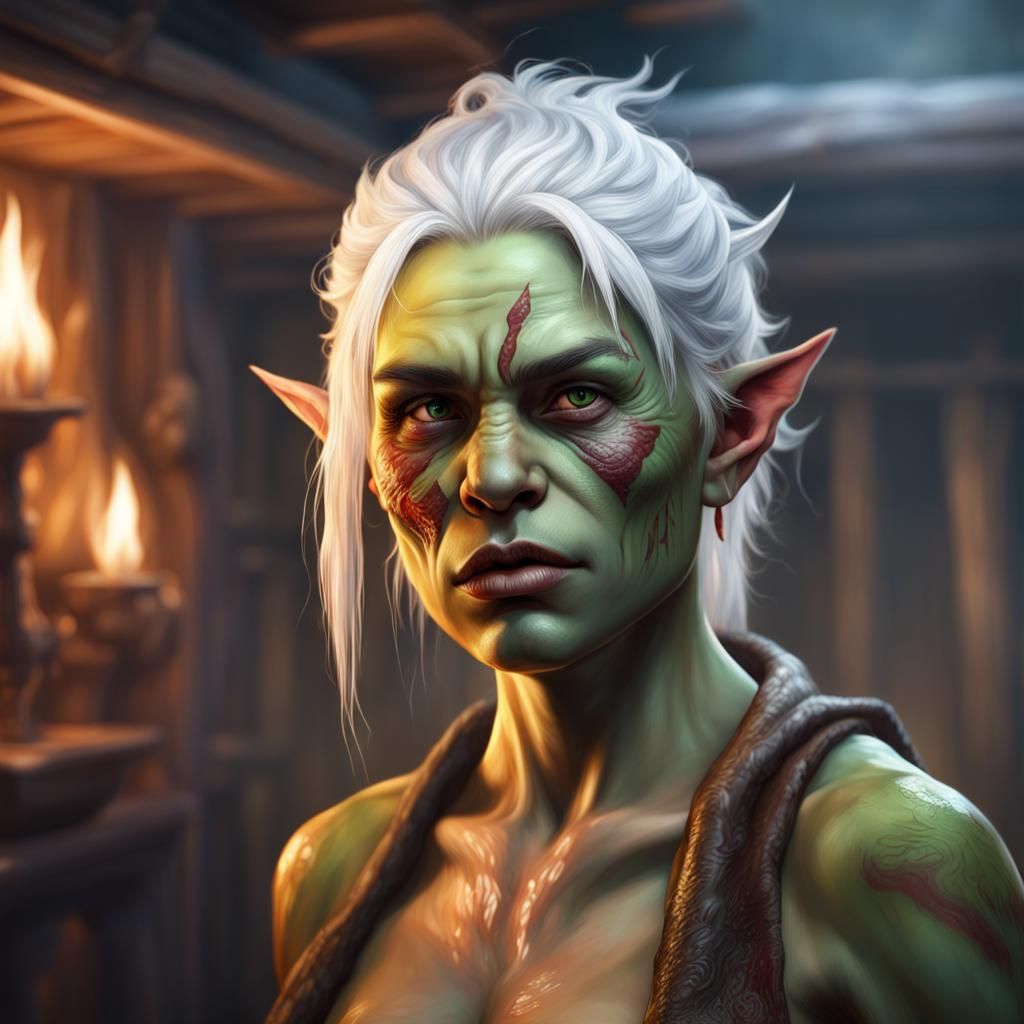 Female Orc in Bathhouse: Hyperrealistic Splash Art