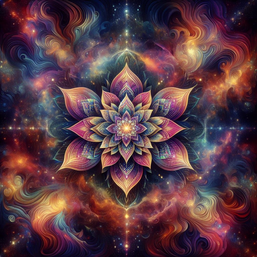 Cosmic Lotus of the Ancients in Vibrant, Holographic Art