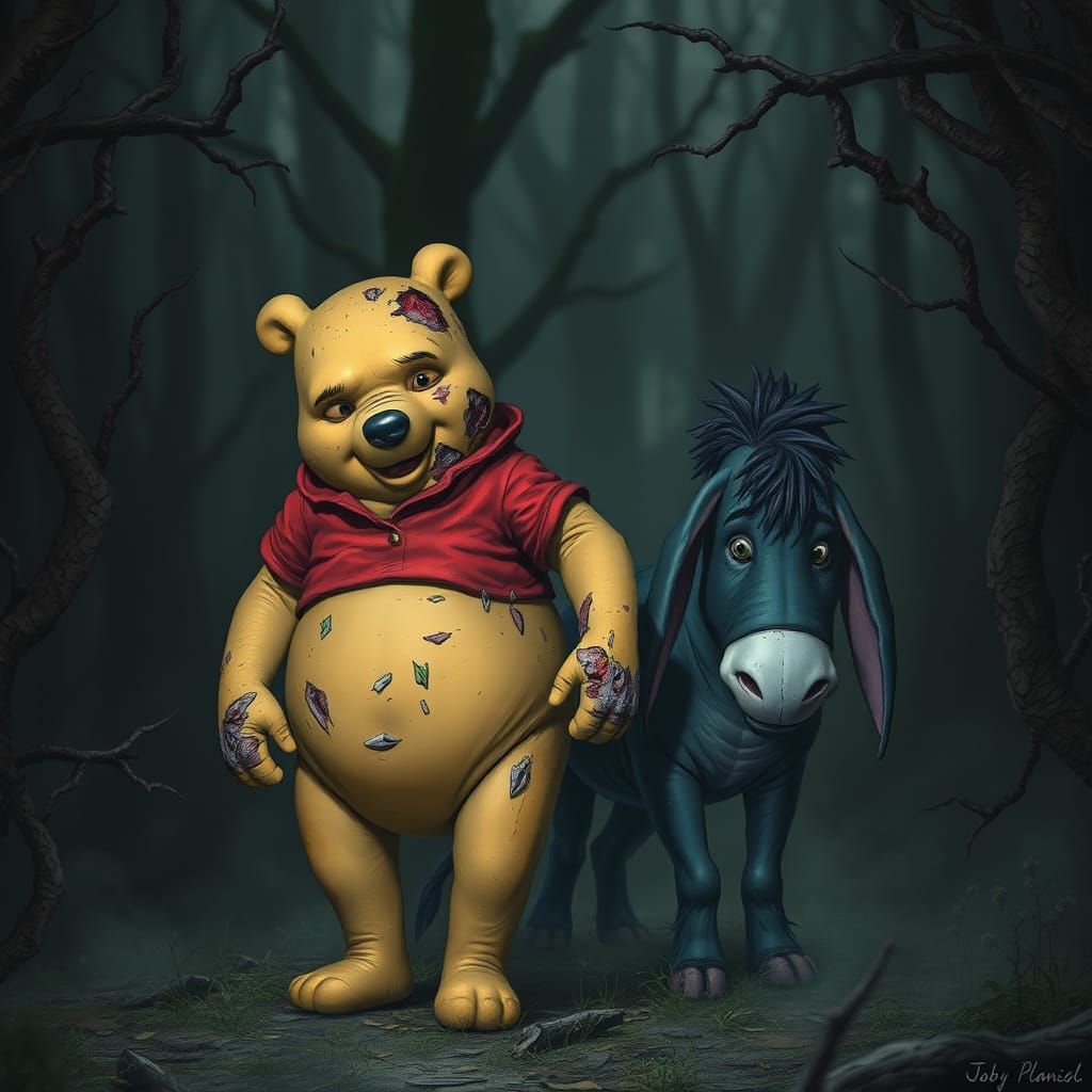 Zombie Winnie the Pooh and Eeyore in Dark Forest