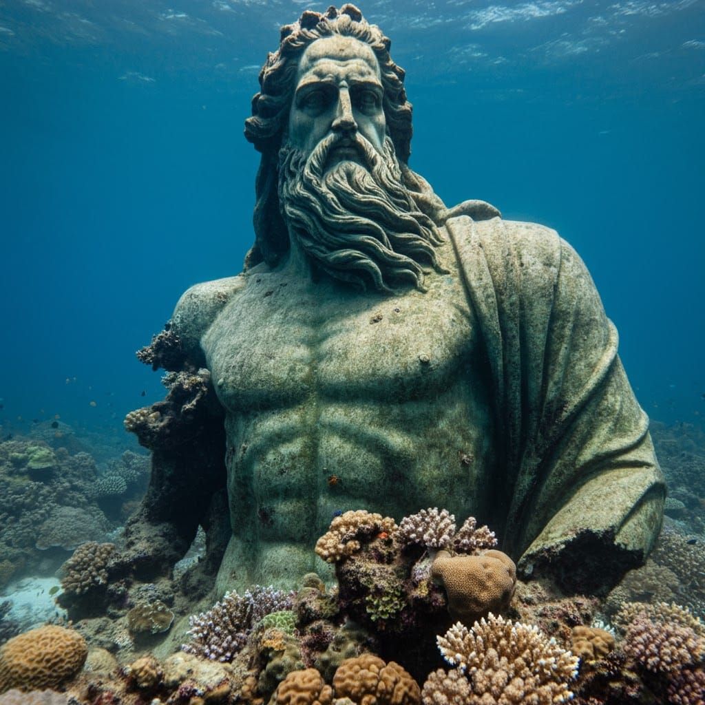 Fallen Statue of Poseidon Consumed by Coral