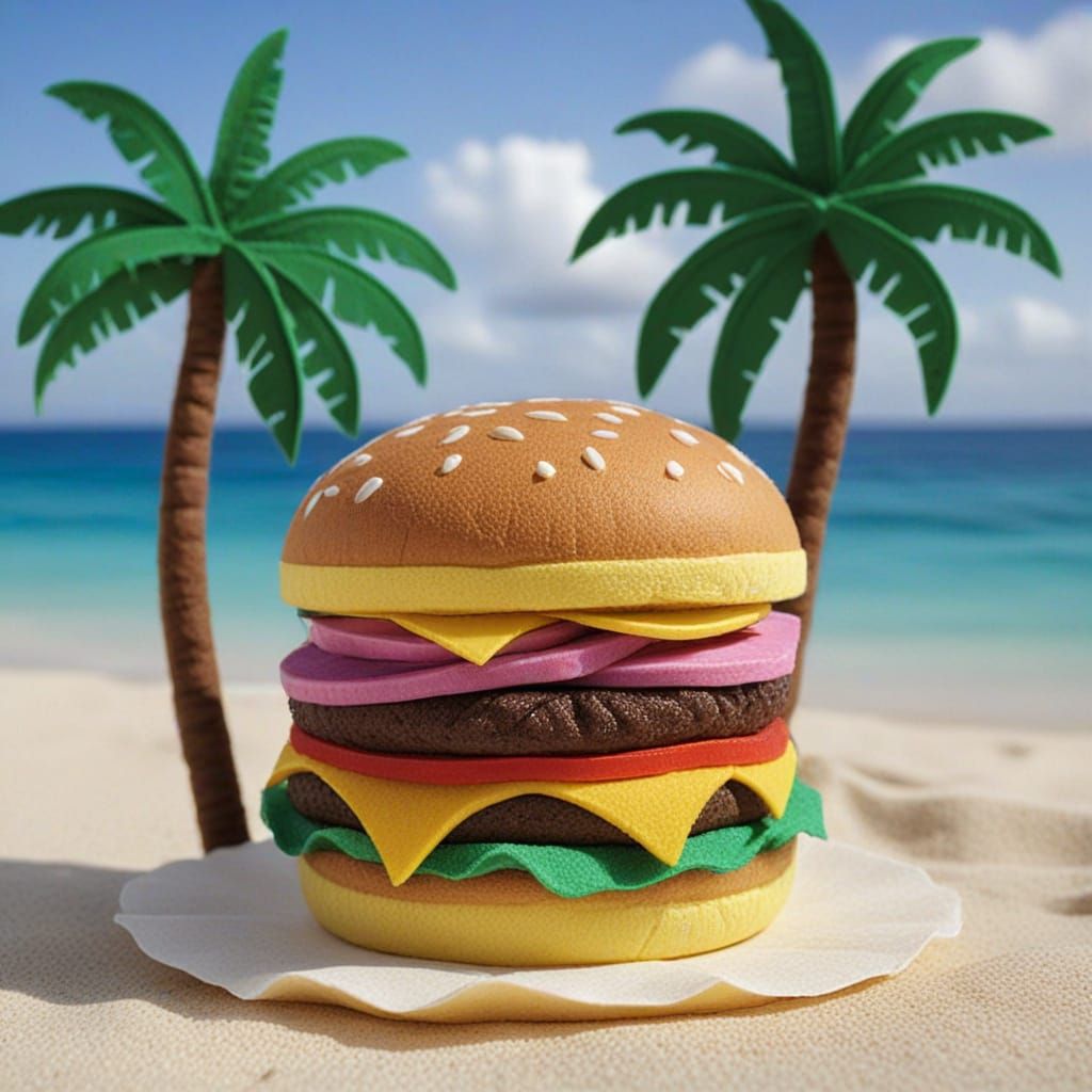 Cheeseburger in paradise made of felt. A cheeseburger on a tropical beach with palm trees.