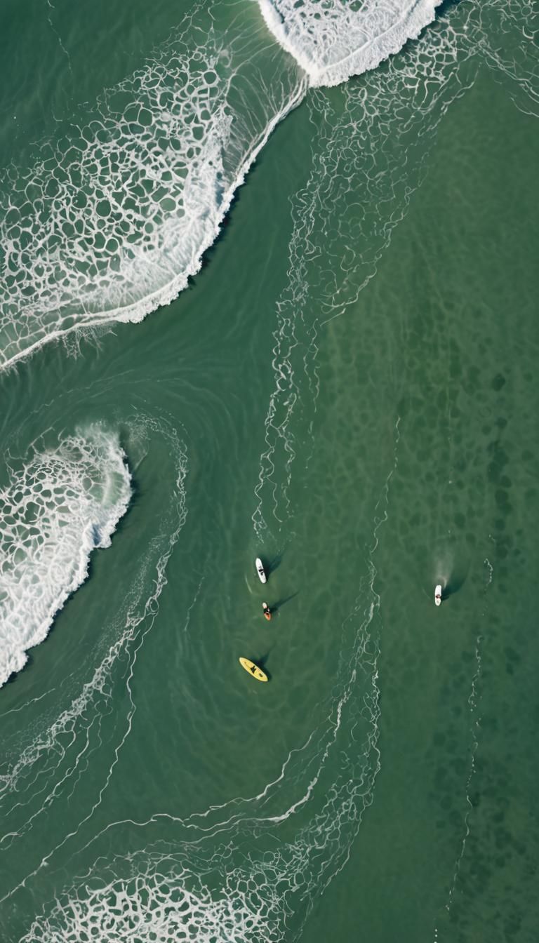 Jade Beach: Surfers and Bold Text in Aerial Shot