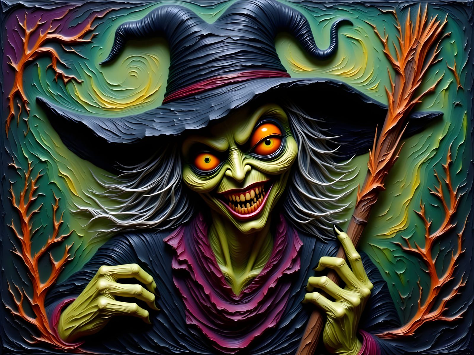 Malignant Sorceress in a Tangled Vortex of Dark Greens and F...