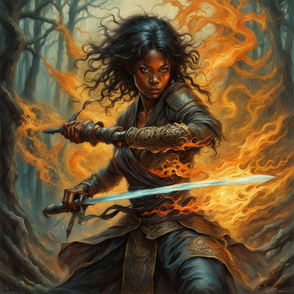 Bioluminescent Ninja Slices Ogre in Dark Fantasy Forest