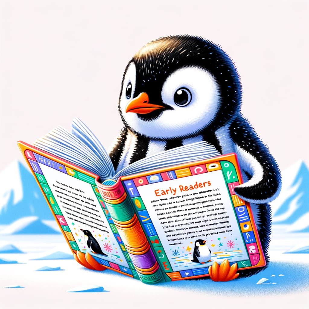 Whimsical Penguin Reader in Snowy Antarctic Landscape