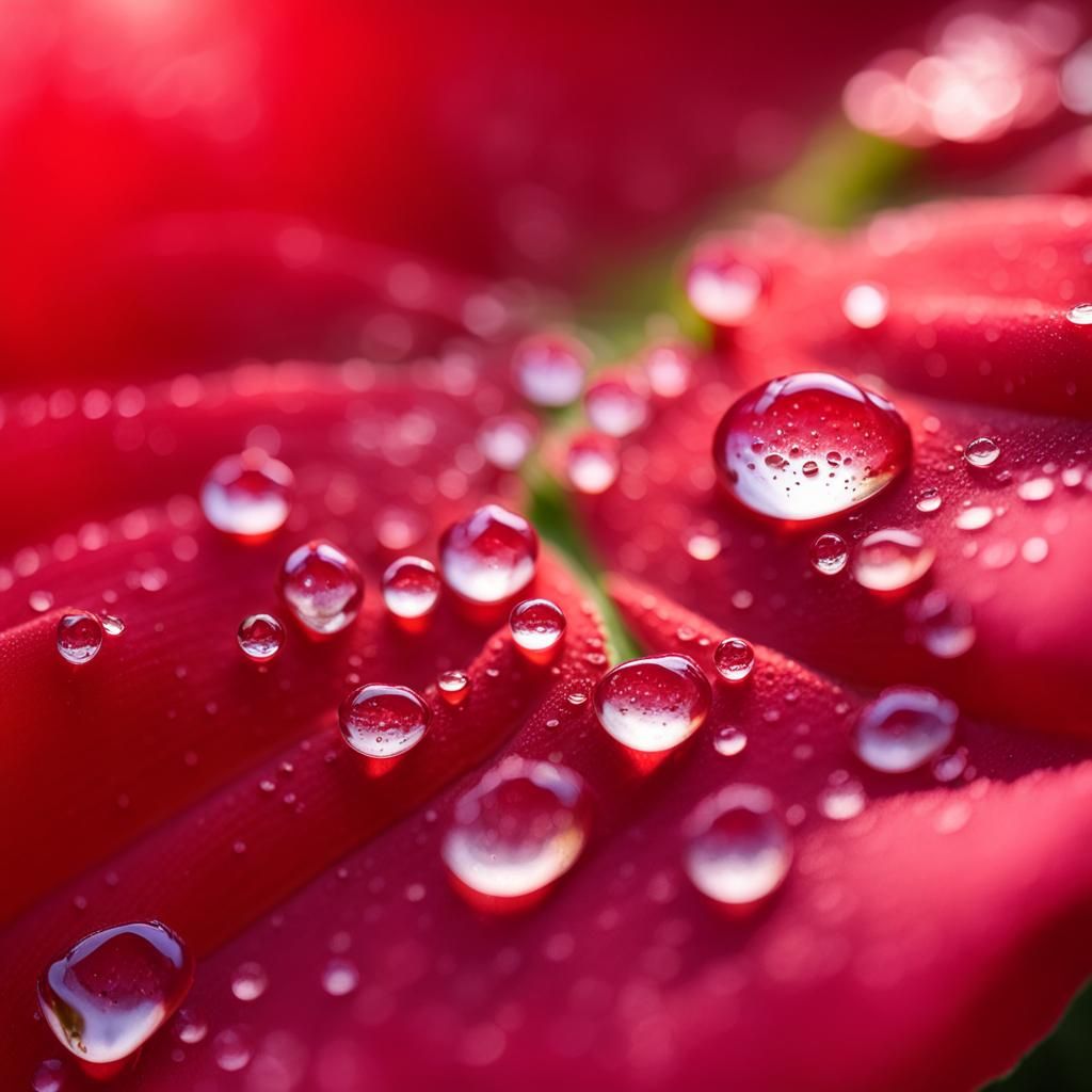Sunlit Dew Drops on Red Flower Petal