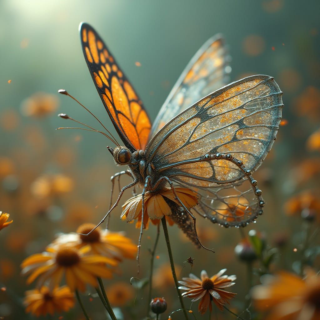 Butterfly in Metal Meadow: Surreal Digital Art
