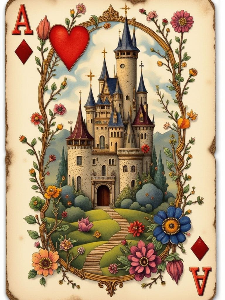 Vintage-Style Ace of Clubs Playing Card with Mystical Castle