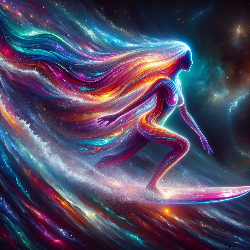 Cosmic Surfer: Neon Humanoid Rides a Celestial Wave