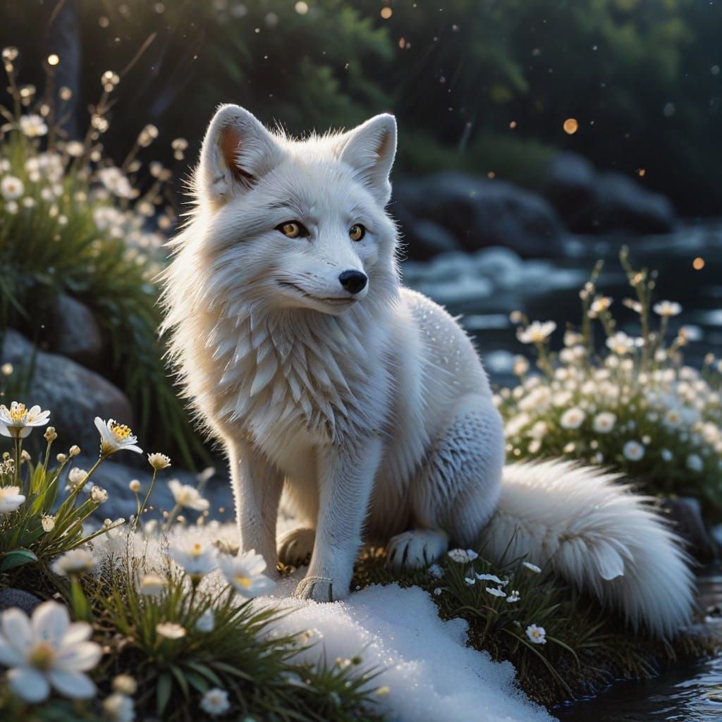 Iridescent White Arctic Fox with White Flowers