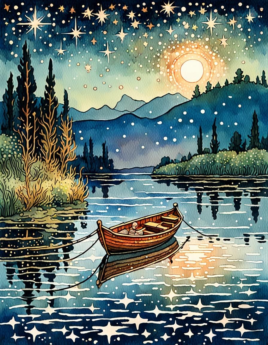 Small Boat on Sparkling Waters: Watercolor Illustration