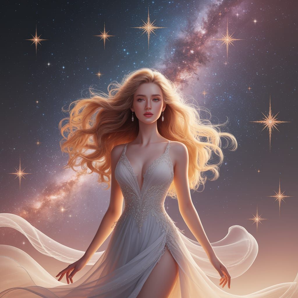 Ethereal Woman in Starry Sky Dreamscape