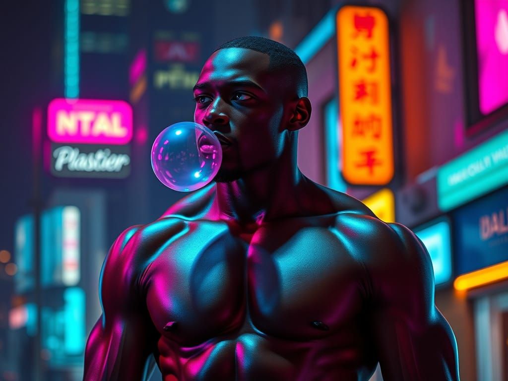 Confident Black Man Blows Bubble Gum Under Neon Lights