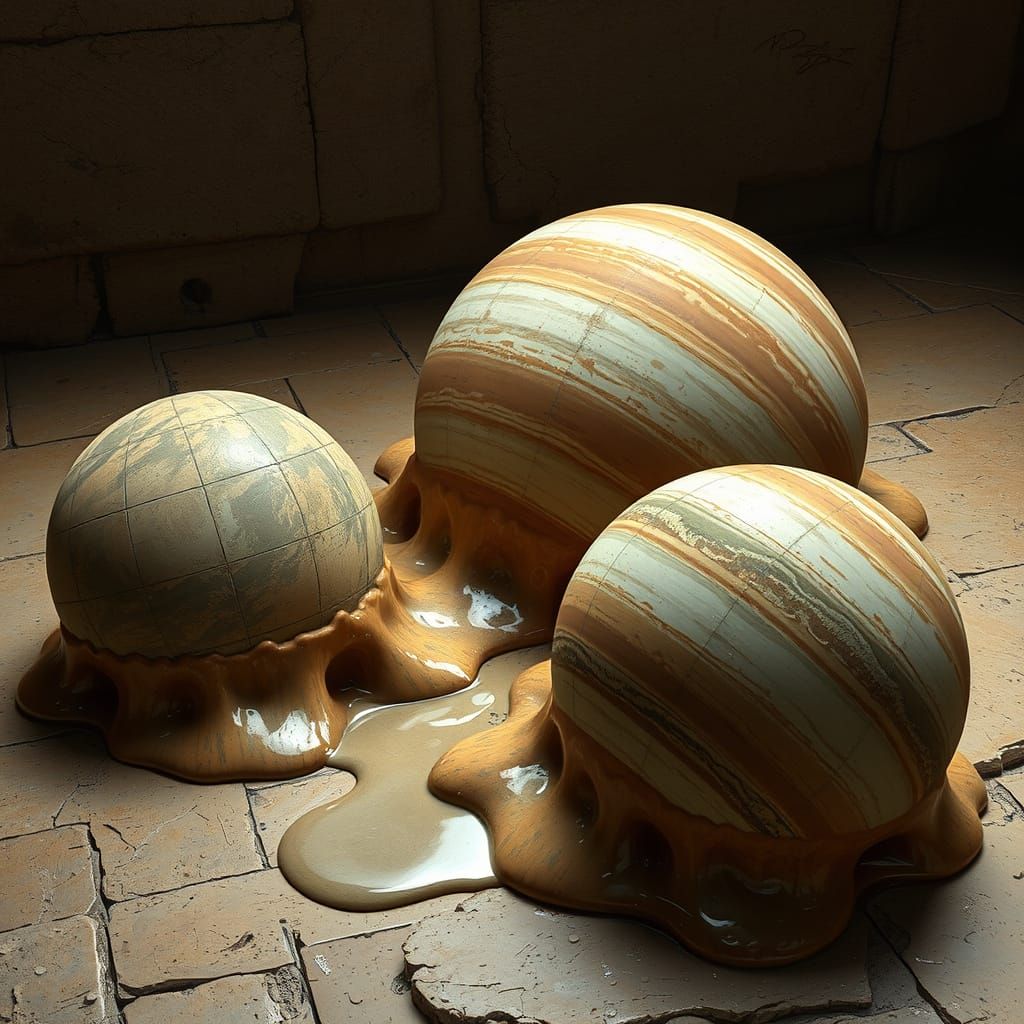 Melting Planets on Sandstone Floor in Dystopian Style