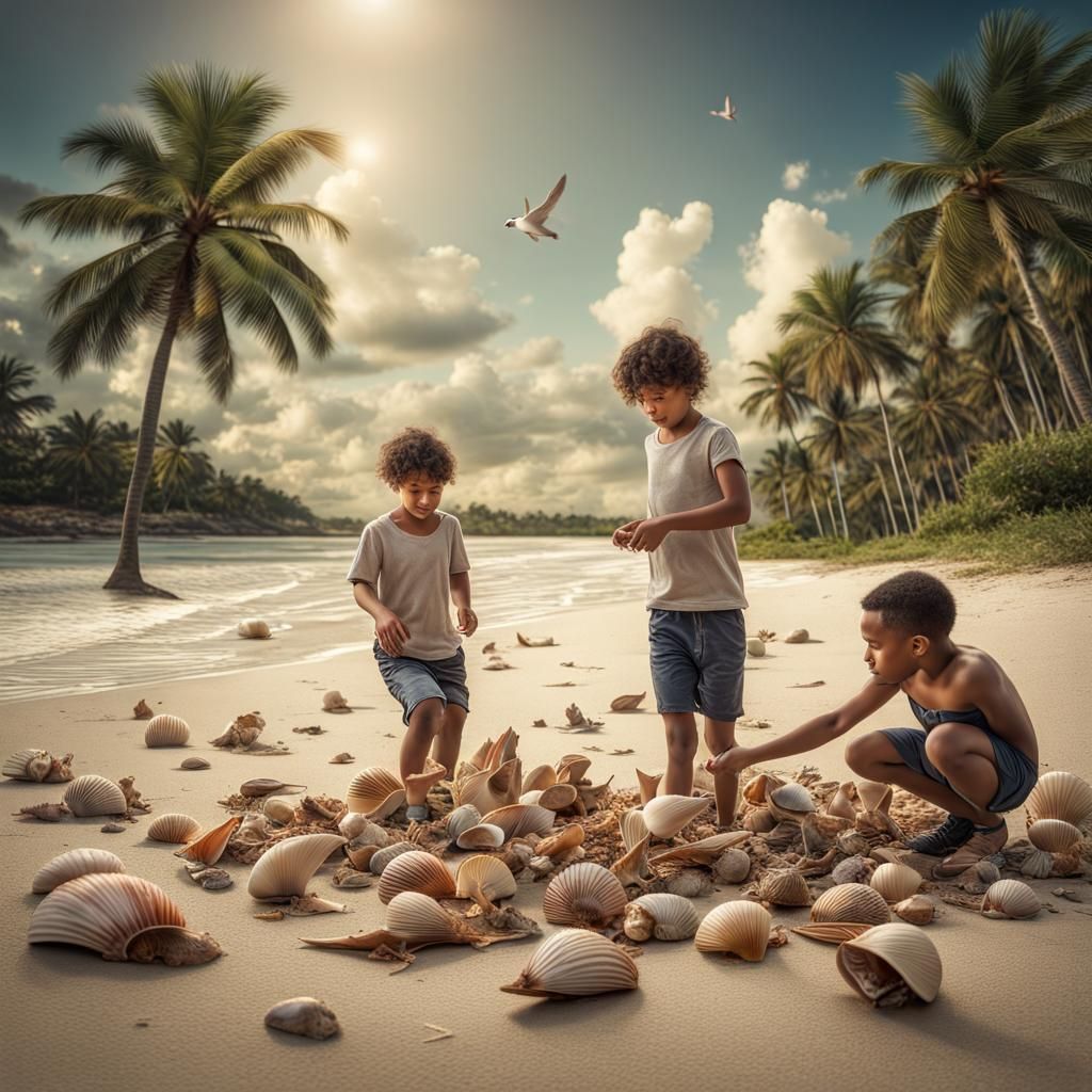 Children Playing on Beach with Tropical Trees