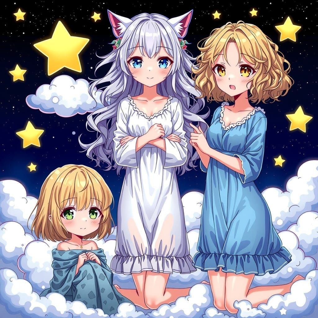 Anime Girls on Cloud in Cel-Shaded Style