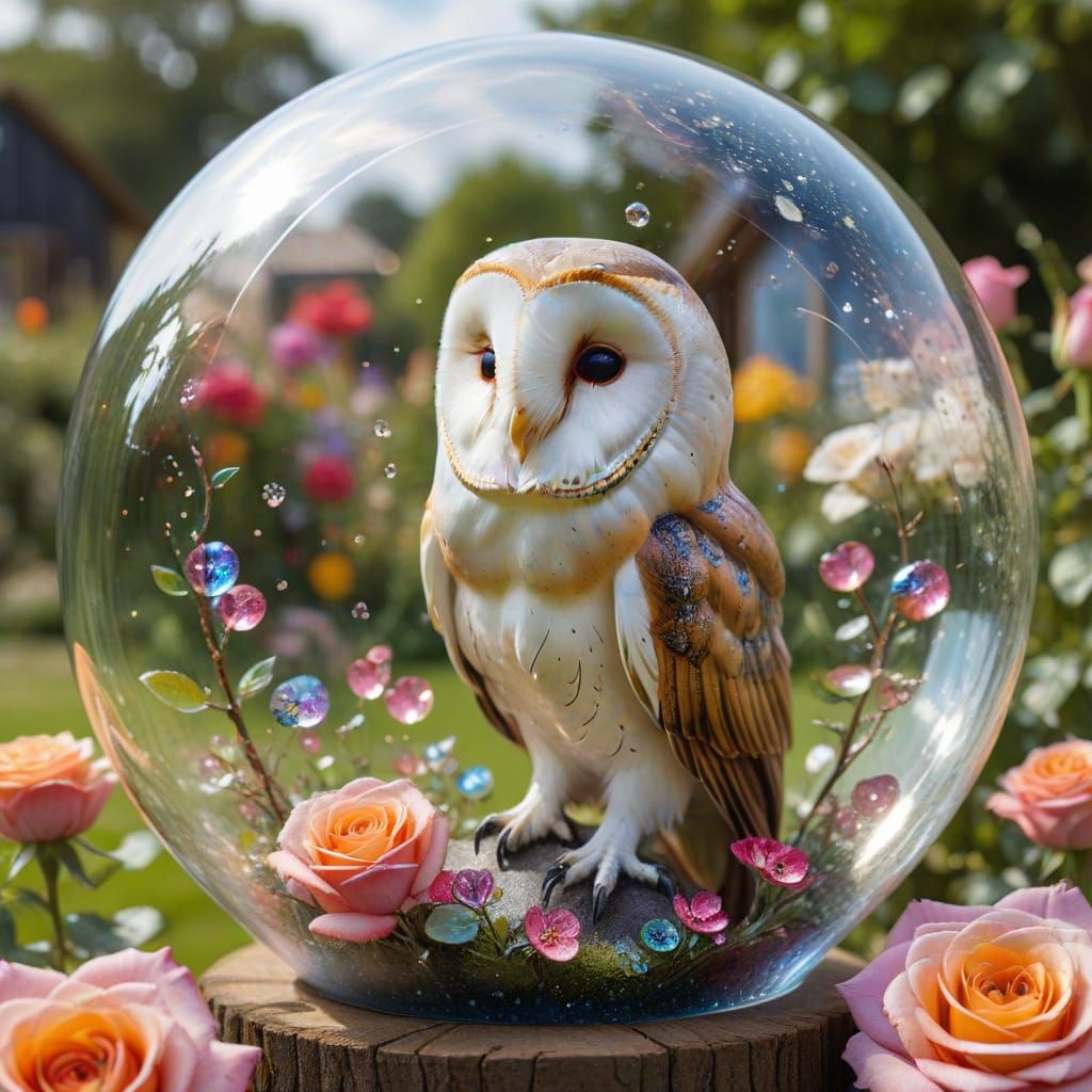 Surreal Glass Bubble with Barn Owl in Vibrant Floral Wonderl...