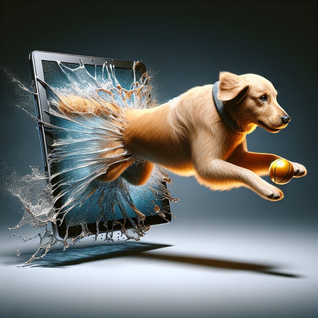 Golden Retriever Leaps From Tablet: 3D Art