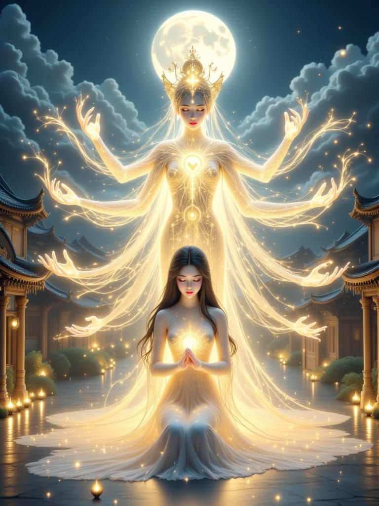 Ethereal Goddess Blesses Kneeling Woman in Asian Courtyard