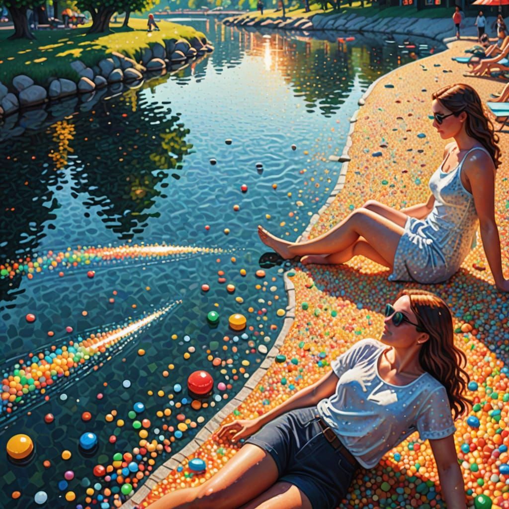 Vibrant Pointillist Masterpiece of Riverbank Revelers