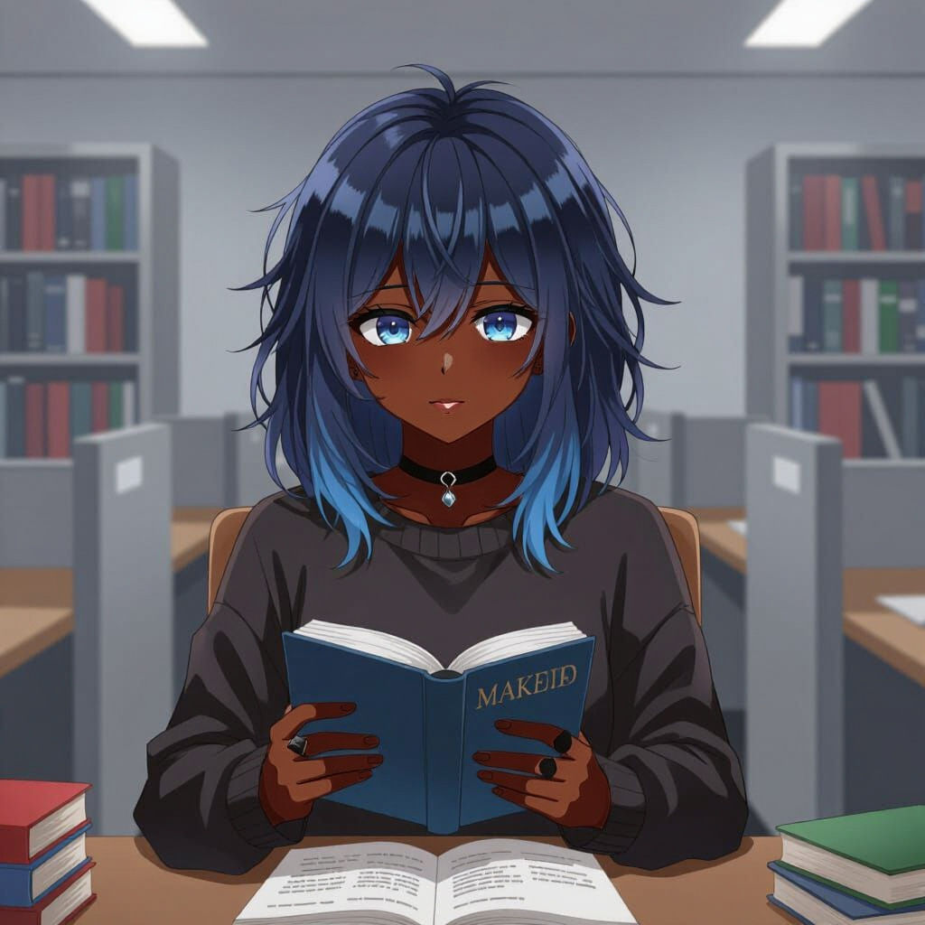 Anime Girl Reading in Library Study Cubicle