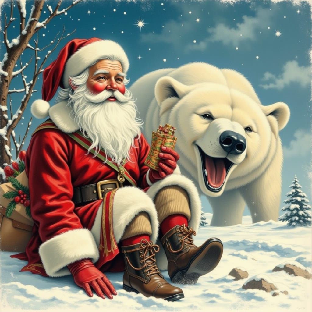 Jovial Santa Claus with Polar Bear in Arctic Wonderland
