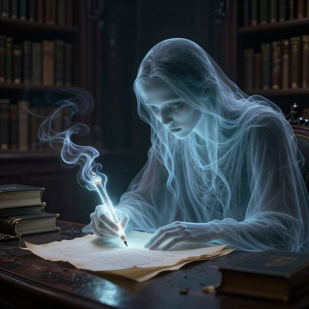 Ethereal Ghost Writes with Glowing Pen in Gothic Library