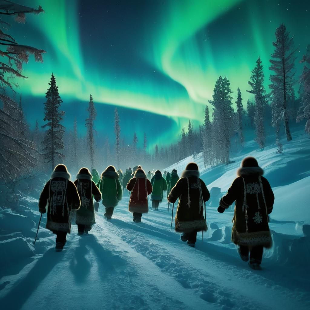 Inuit Tribe Procession Under Aurora Borealis