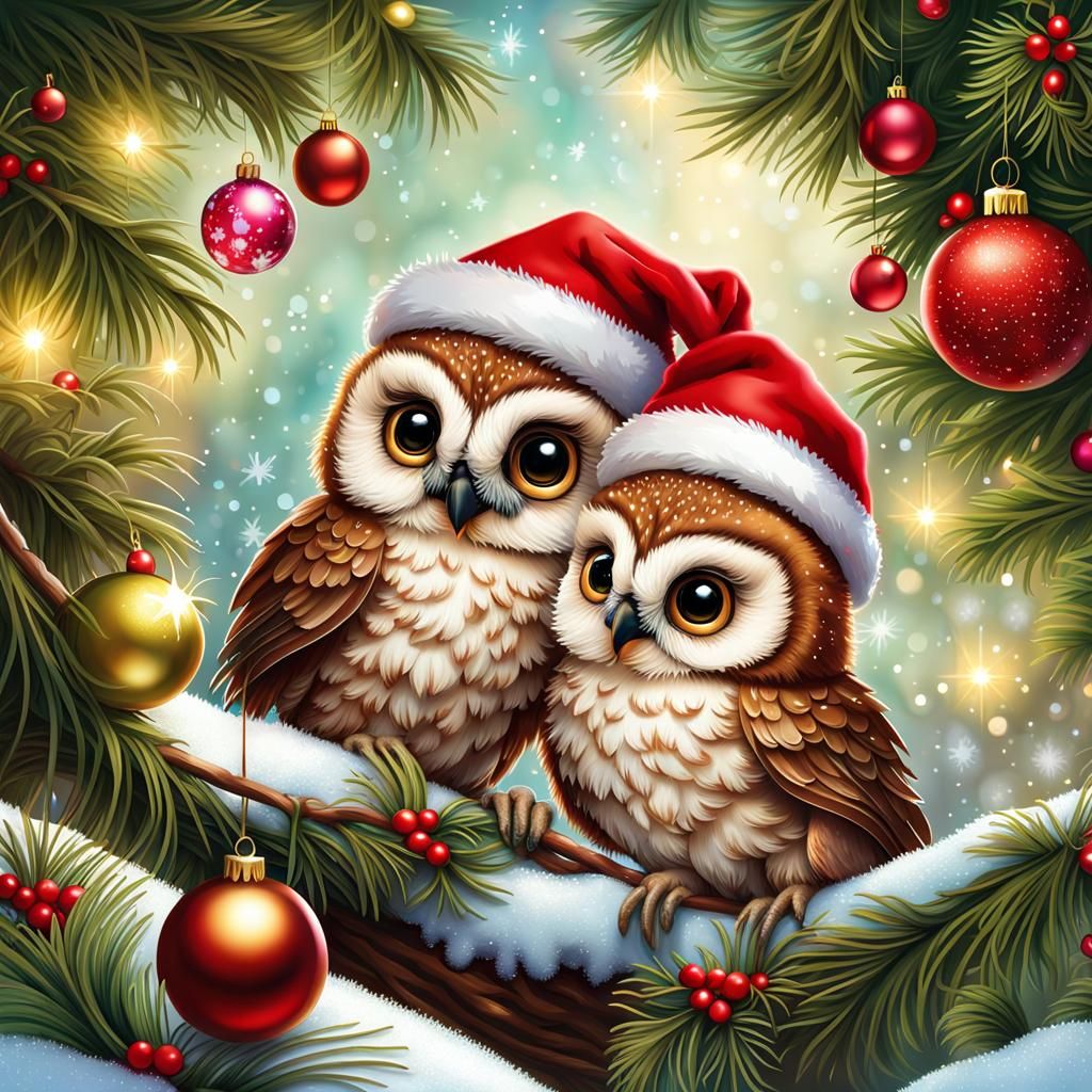 Adorable Owl Couple Caroling in Christmas Forest