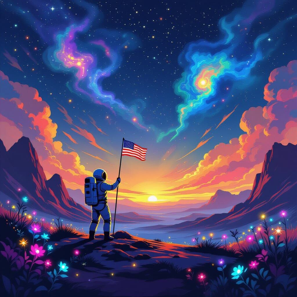 Astronaut Plants Flag on Alien Planet Amidst Festival of Lig...
