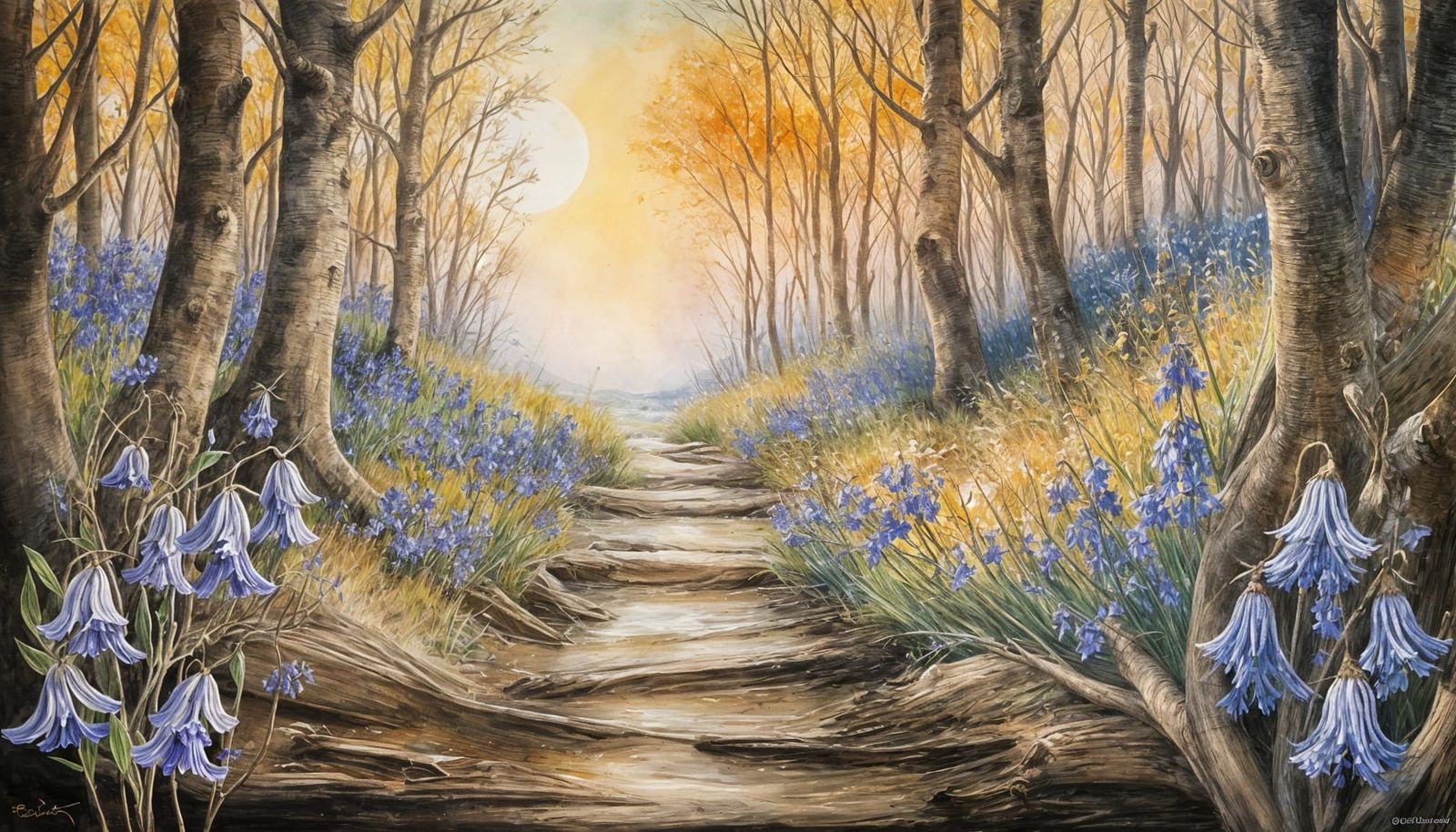 Chalk and Ink Woodland Scene with Golden Sunset