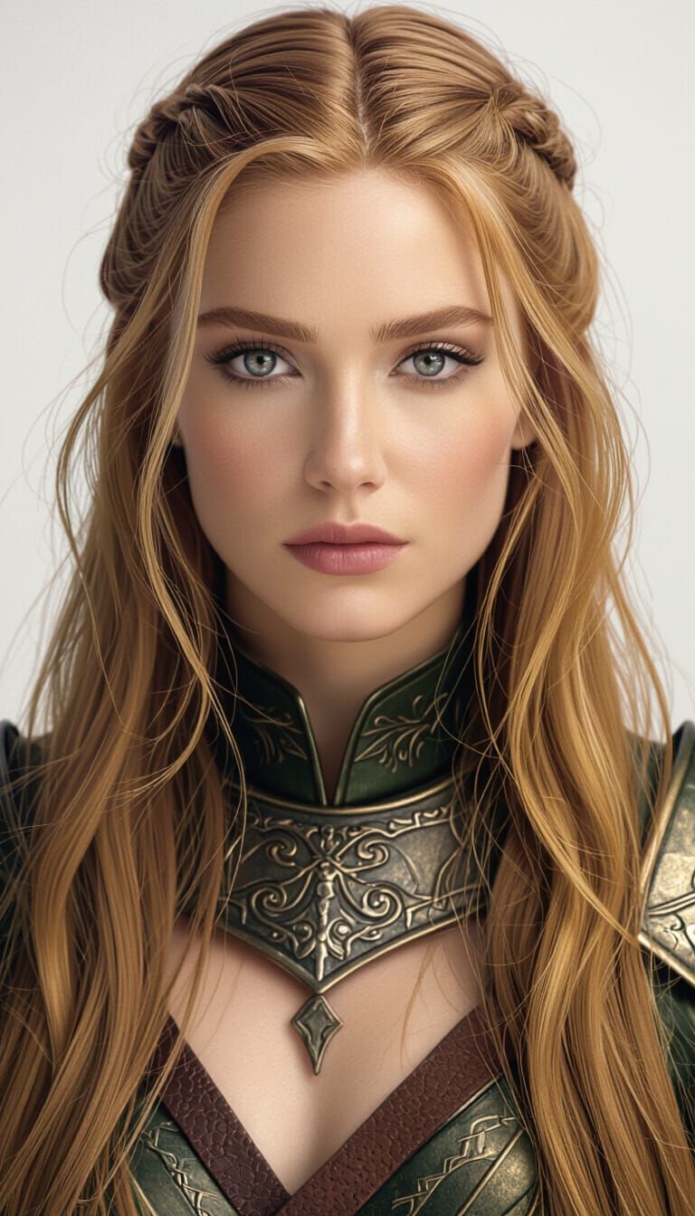 Sad Warrior Woman with Honey-Gold Hair and Gray Eyes