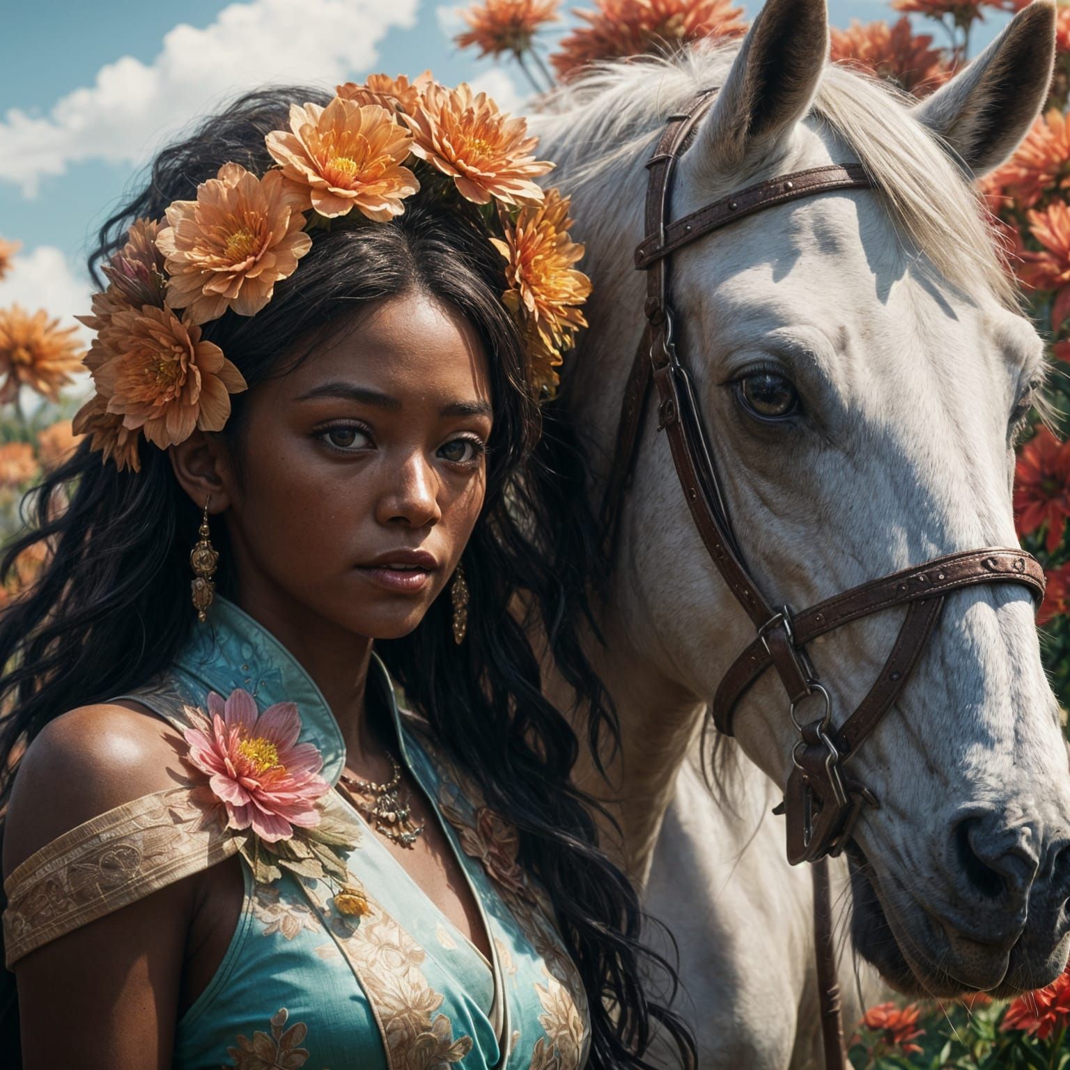 Fantasy African-Japanese Blossoming Girl on Horseback