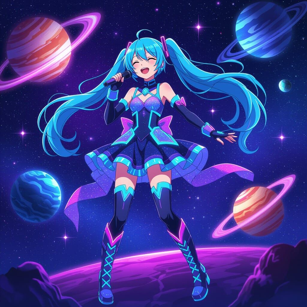 Miku Singing in Space with Cosmic Glow
