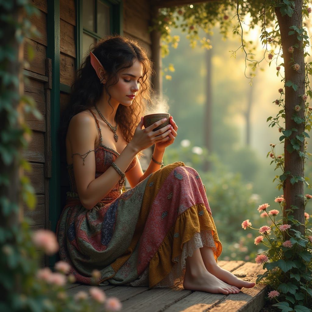Whimsical Elf Maiden in Serene Forest Cottage
