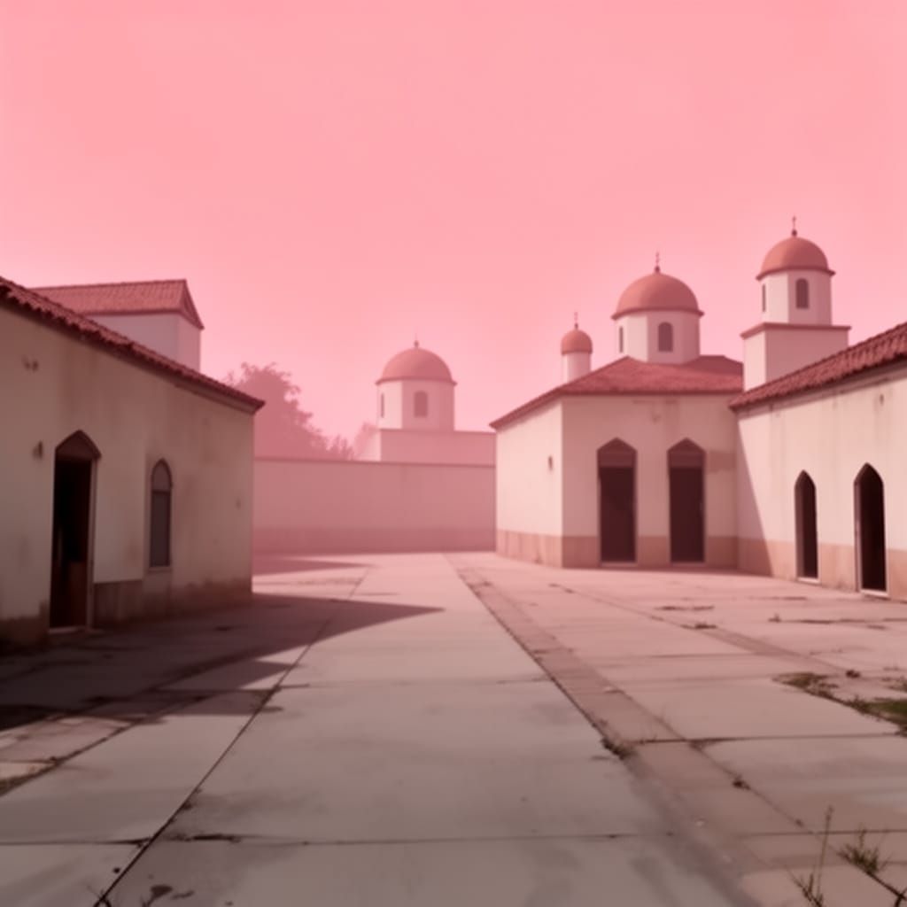 Abandoned Mediterranean Plaza Under Pink Sky Digital Art