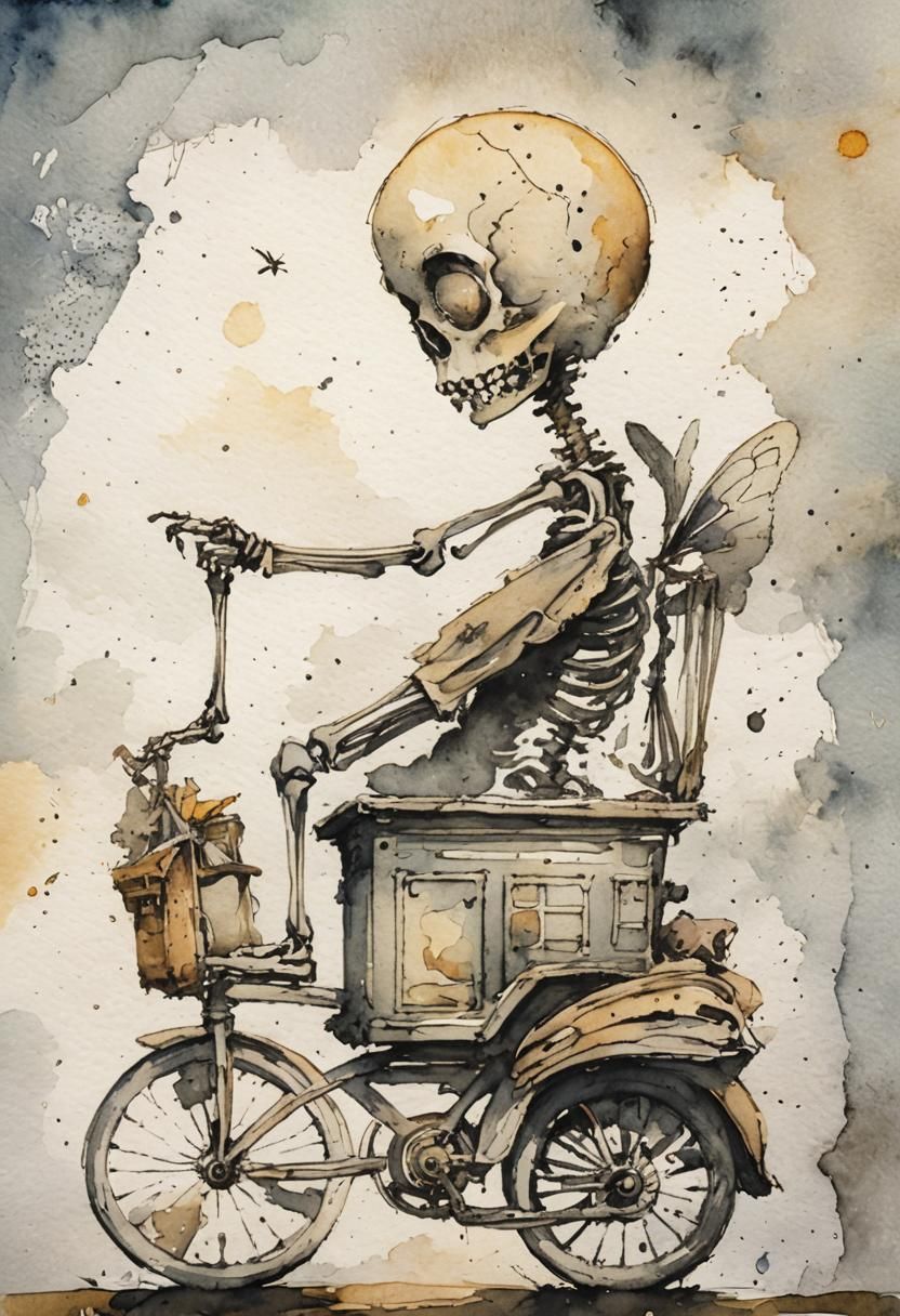 High resolution  Human skeleton rides giant fly. Quentin Bla...