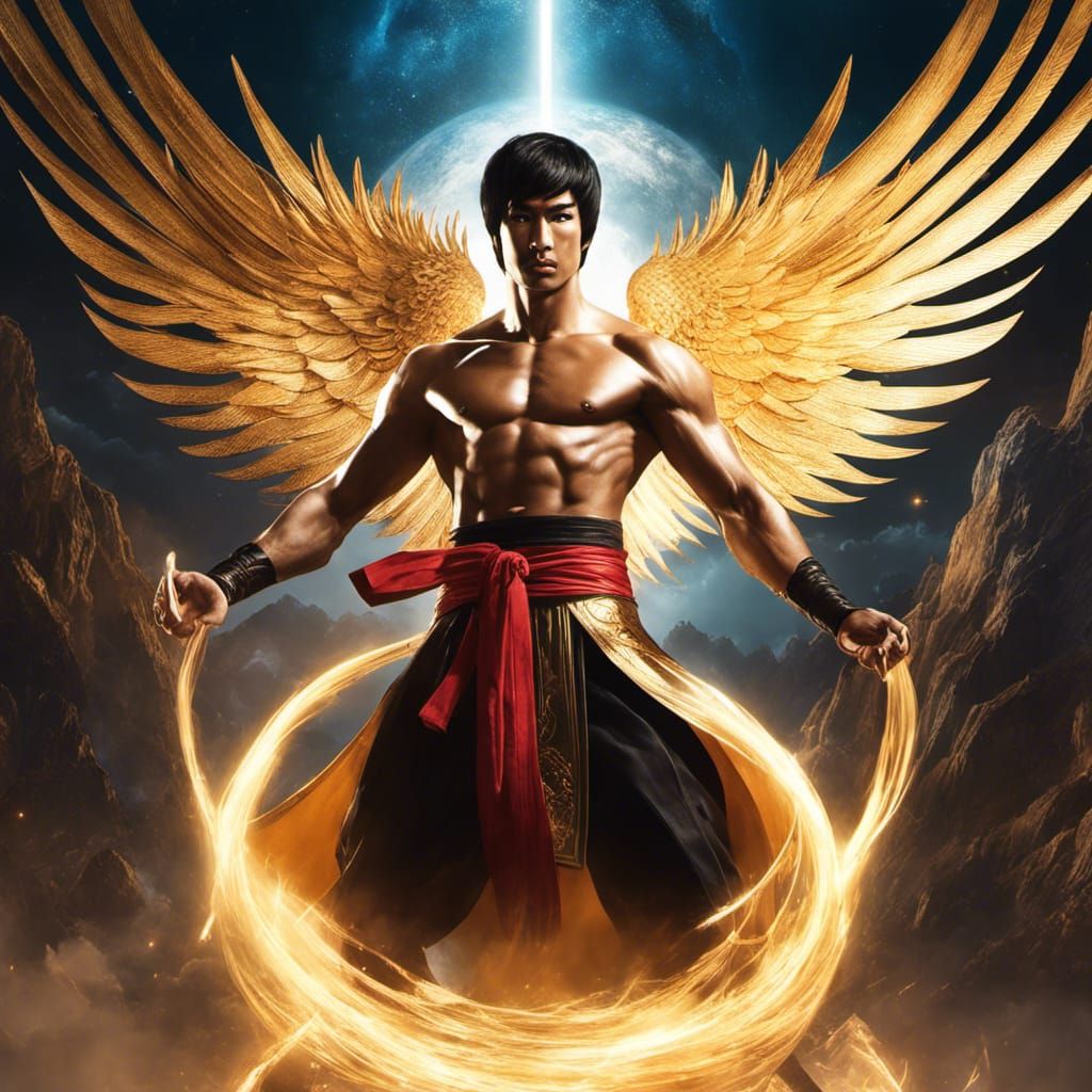 Bruce Lee: Ethereal Deity in Hyperrealistic Splash Art